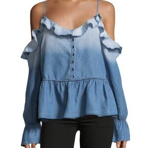 RUFFLE TRIM COLD SHOULDER DENIM PEASANT TOP